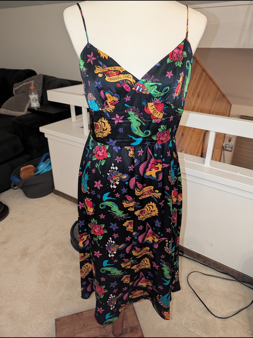 Betsey Johnson Black Multicolor Tattoo-Print Spaghetti Strap Midi Dress - Picture 2 of 6